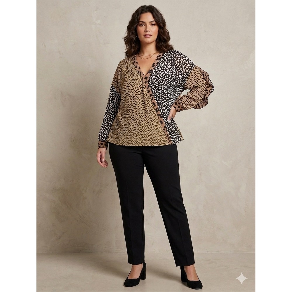 Umgee Plus Mixed Animal Print Ruffle Sleeve V-Neck Blouse 1XL WA6039 Tan Black